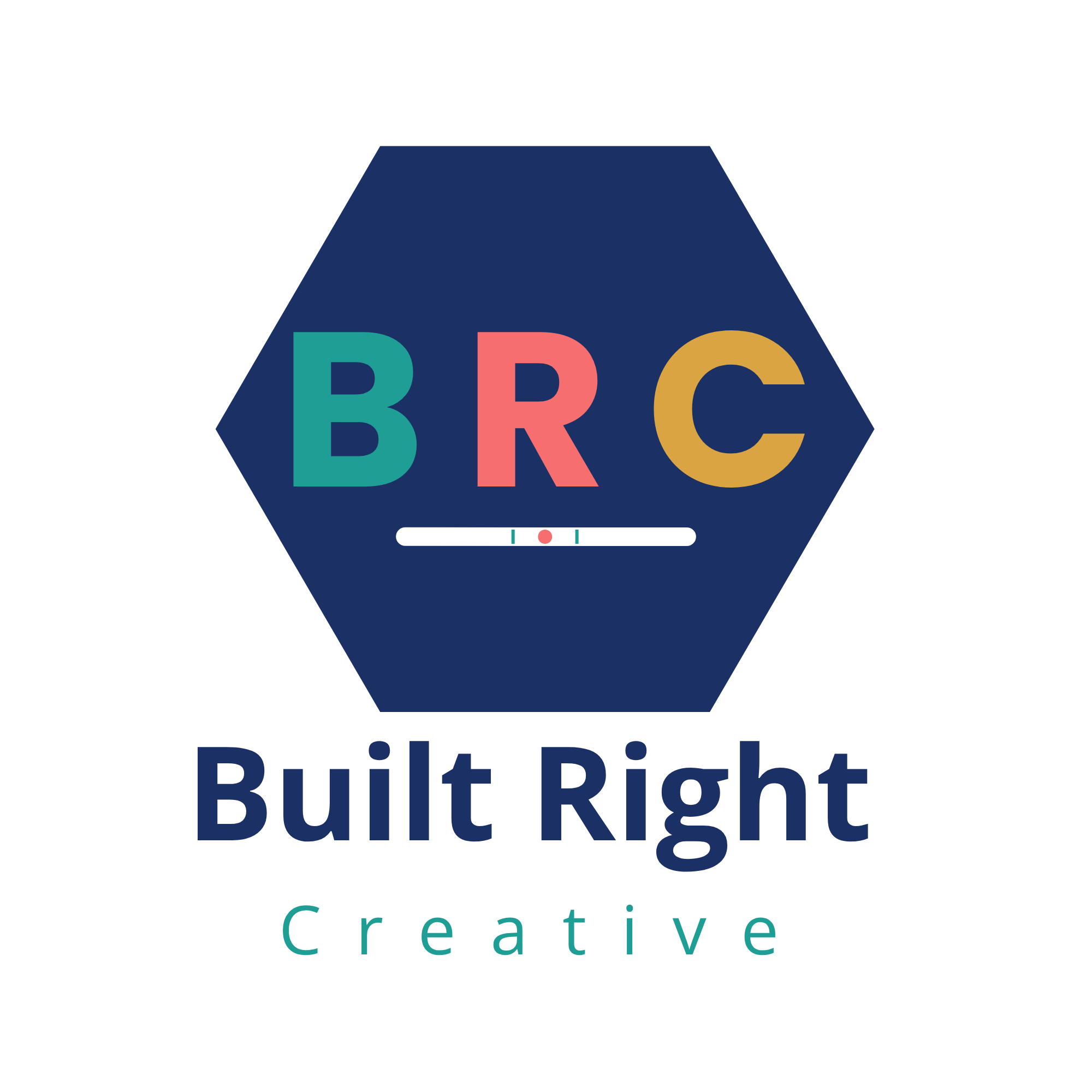 Navy blue hexagon with BRC in the middle and a level under the letters. Built Right Creative under the hexagon